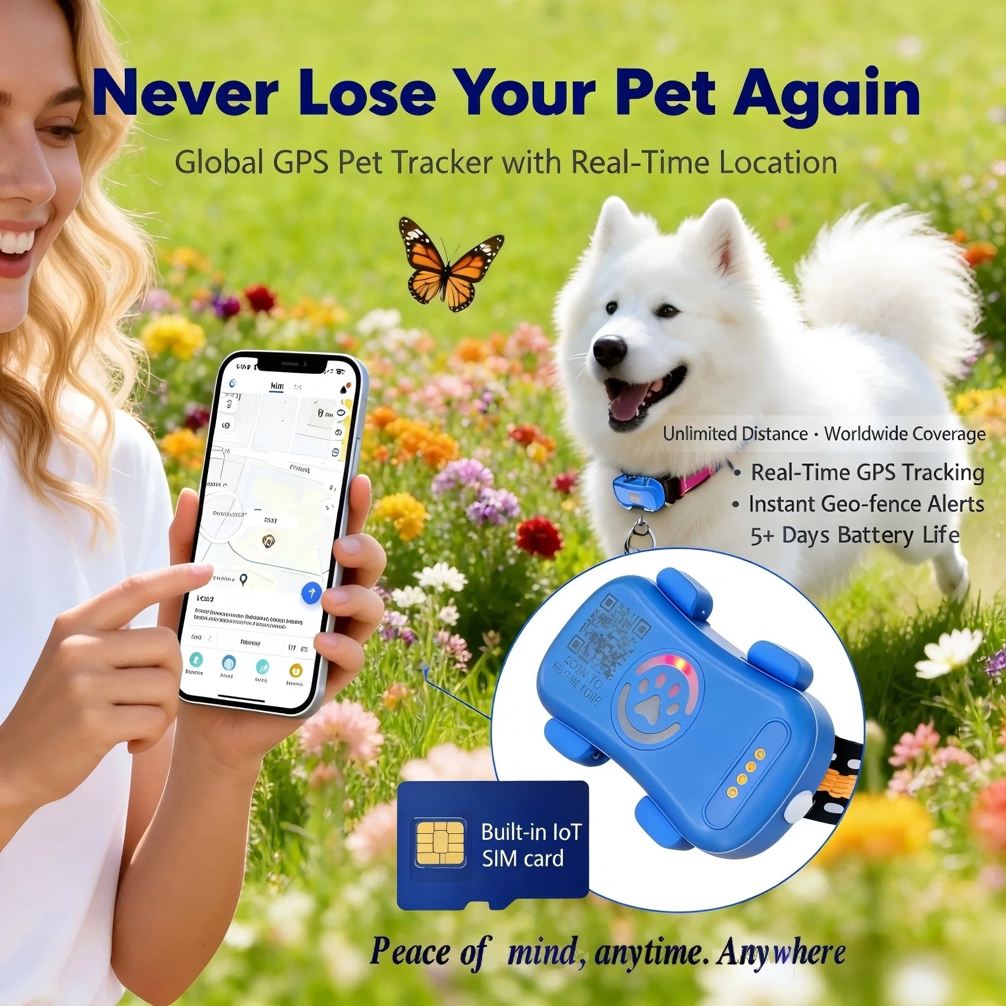 GPS Pet Tracker for Dogs & Cats – WiFi & IoT Tracking, No Distance Limit